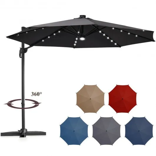 10 Ft Patio Offset Cantilever Umbrella with Solar Lights-Gray