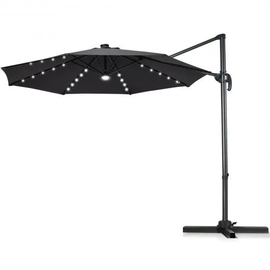 10 Ft Patio Offset Cantilever Umbrella with Solar Lights-Gray