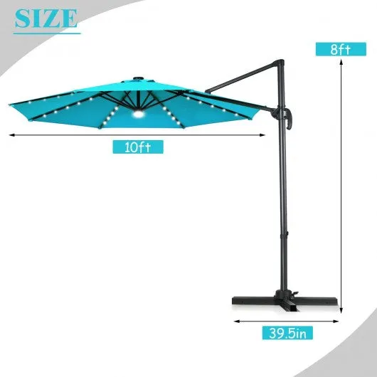 10 Ft Patio Offset Cantilever Umbrella with Solar Lights-Turquoise