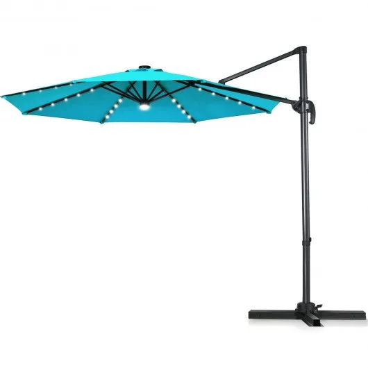 10 Ft Patio Offset Cantilever Umbrella with Solar Lights-Turquoise