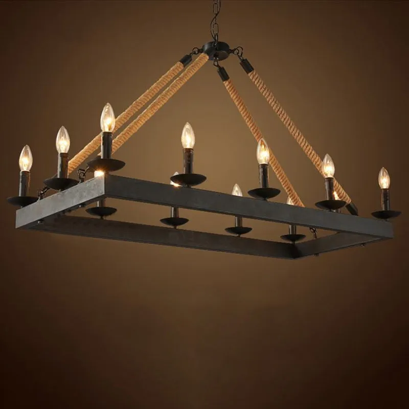 10-Head Rope Hanging Island Light: Industrial Metal Lamp in Black with Candle Design