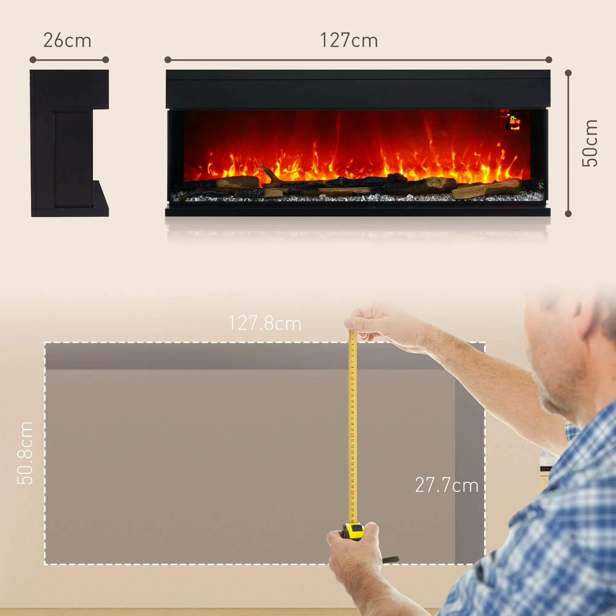 127cm Electric Fireplace Recessed, Insert, Wall Mount, Freestanding