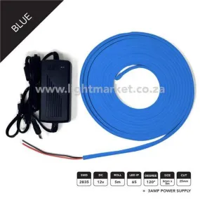 12v 6mm Neon LED Strip Light Blue 5m With AC Adaptor