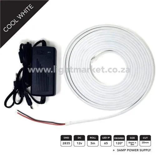 12v 6mm Neon LED Strip Light Cool White 5m With AC Adaptor