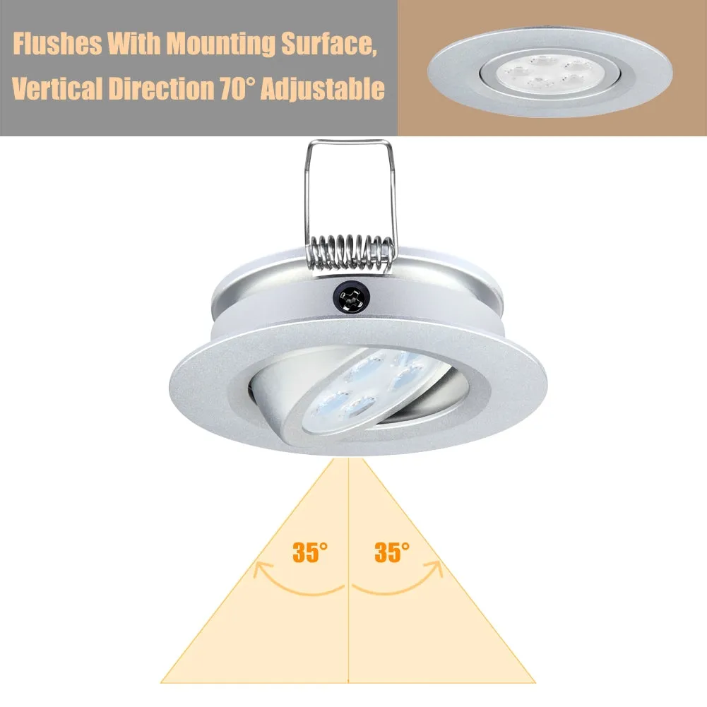 12V Swivel RV Recessed Puck Light LED Spotlight 36° Beam Angle Vertical 70° Adjustment,Full Aluminum Diameter 2-3/4 Inch Silver