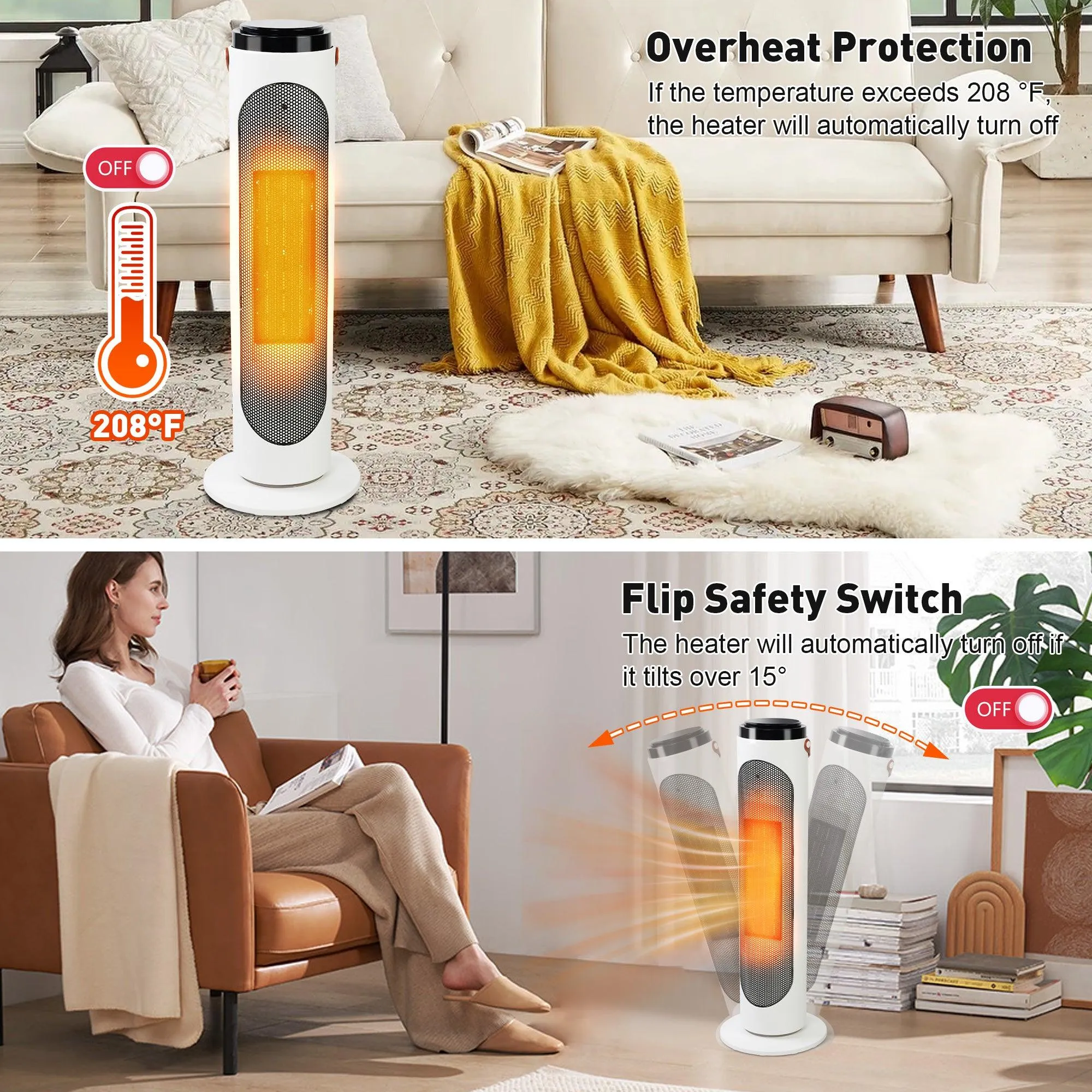 1500W Space Heater with Remote Ceramic Tower Space Heater 3 Modes 24h Timer