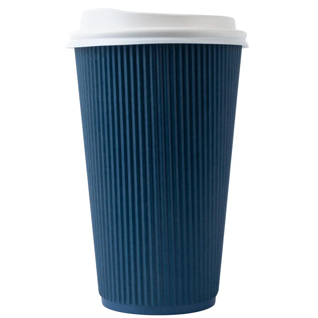 16 oz Midnight Blue Paper Ripple Wall Coffee Cup - with White Lid - 3 1/2" x 3 1/2" x 6 1/4" - 20 count box