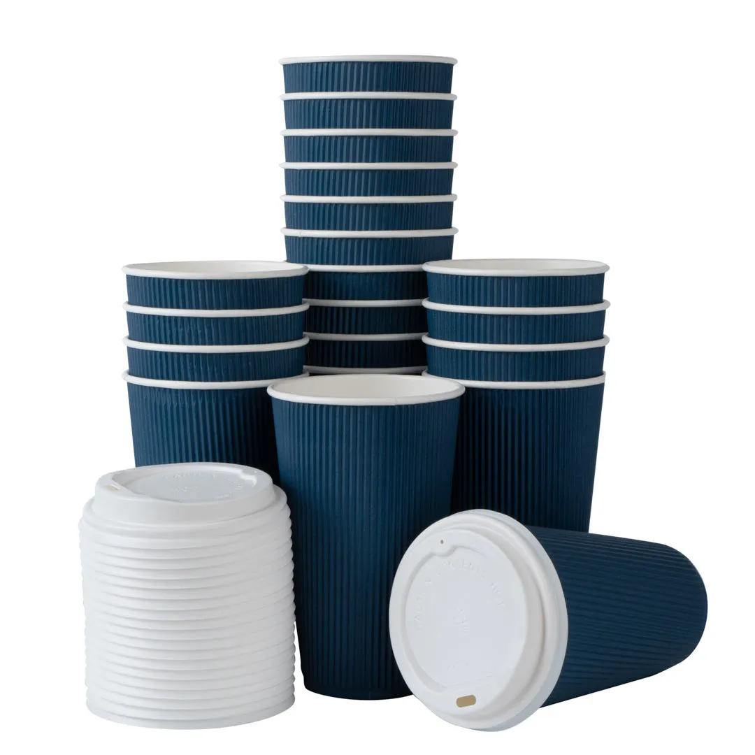 16 oz Midnight Blue Paper Ripple Wall Coffee Cup - with White Lid - 3 1/2" x 3 1/2" x 6 1/4" - 20 count box