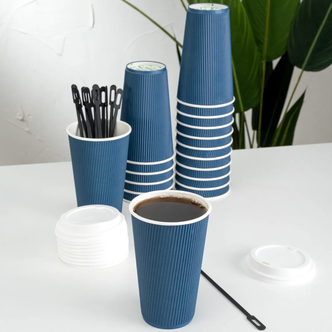 16 oz Midnight Blue Paper Ripple Wall Coffee Cup - with White Lid - 3 1/2" x 3 1/2" x 6 1/4" - 20 count box