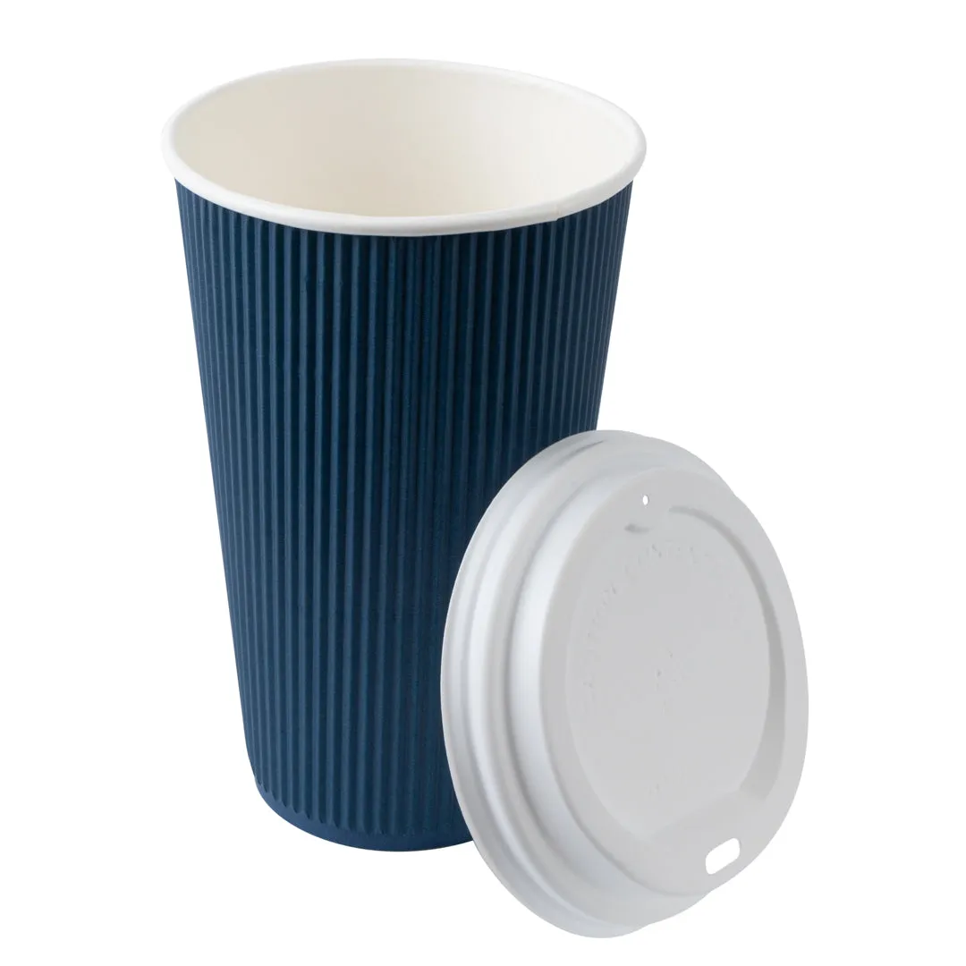 16 oz Midnight Blue Paper Ripple Wall Coffee Cup - with White Lid - 3 1/2" x 3 1/2" x 6 1/4" - 20 count box