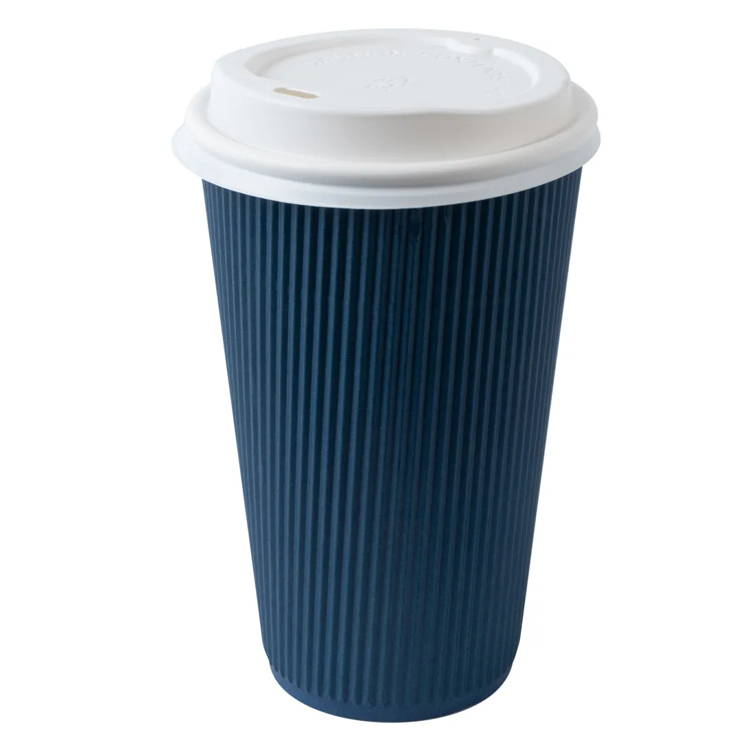 16 oz Midnight Blue Paper Ripple Wall Coffee Cup - with White Lid - 3 1/2" x 3 1/2" x 6 1/4" - 20 count box