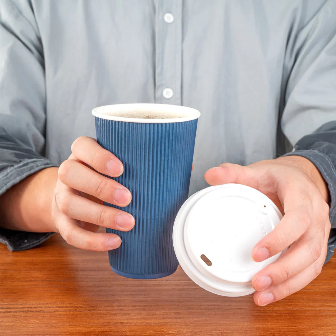 16 oz Midnight Blue Paper Ripple Wall Coffee Cup - with White Lid - 3 1/2" x 3 1/2" x 6 1/4" - 20 count box