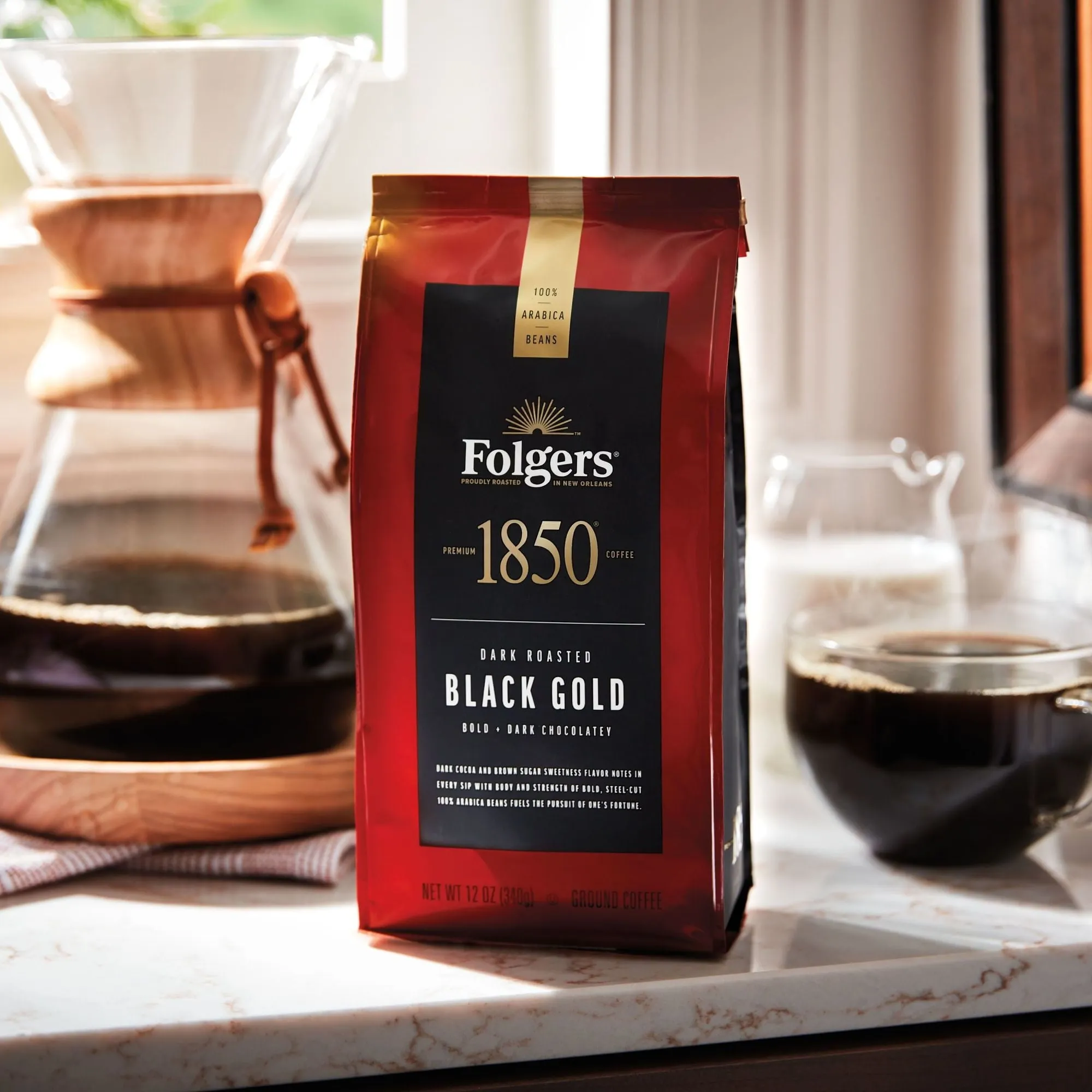 1850 Black Gold Coffee, Dark Roast Ground Coffee, 12 oz