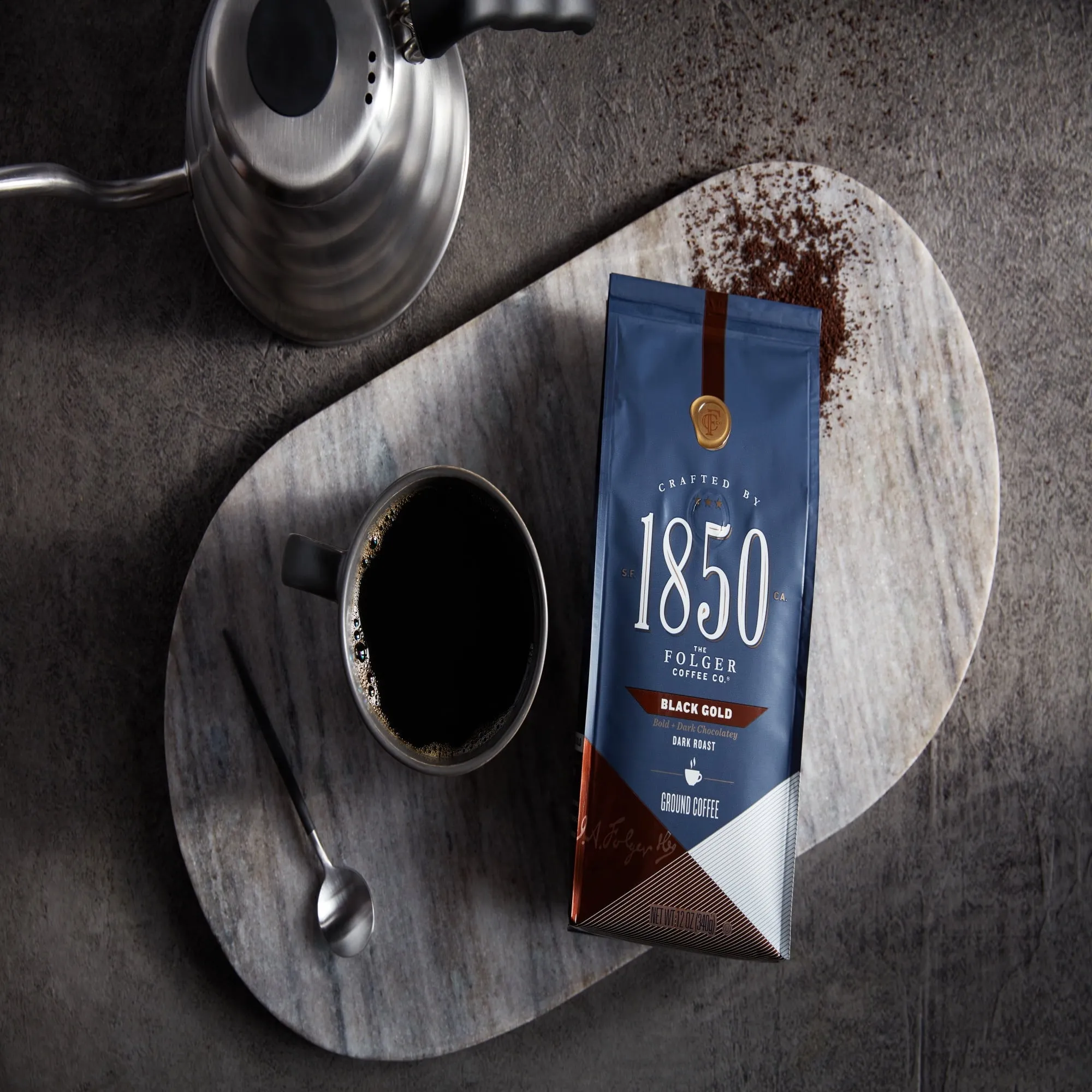 1850 Black Gold Coffee, Dark Roast Ground Coffee, 12 oz