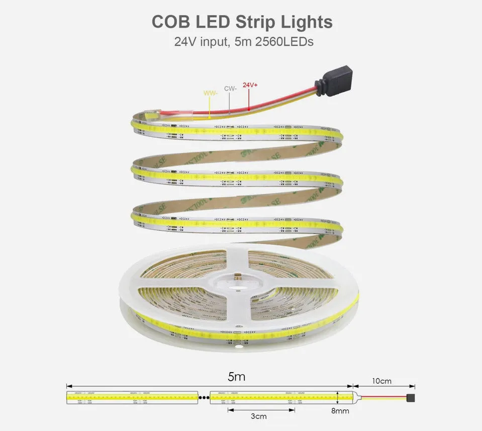 24V COB LED Strip Light White Tunable CCT LED Light Strip - 16FT