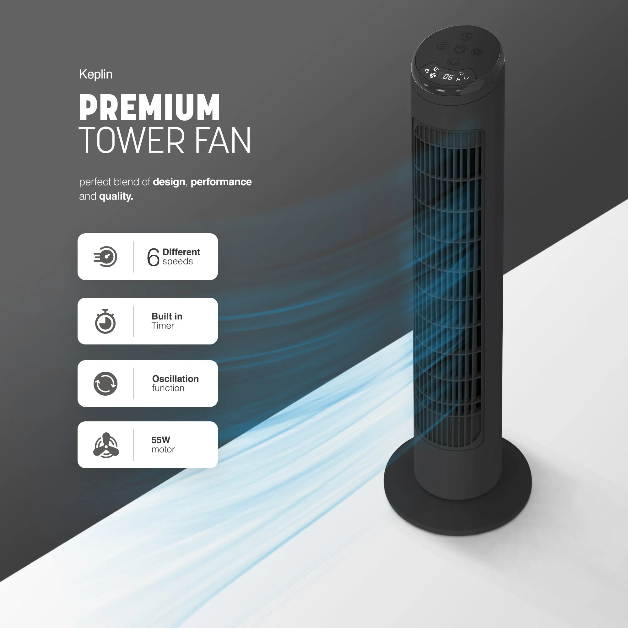 29-Inch 90 Degree Tower Fan with Remote Control - Powerful Wind, 6 Speeds and 3 Modes