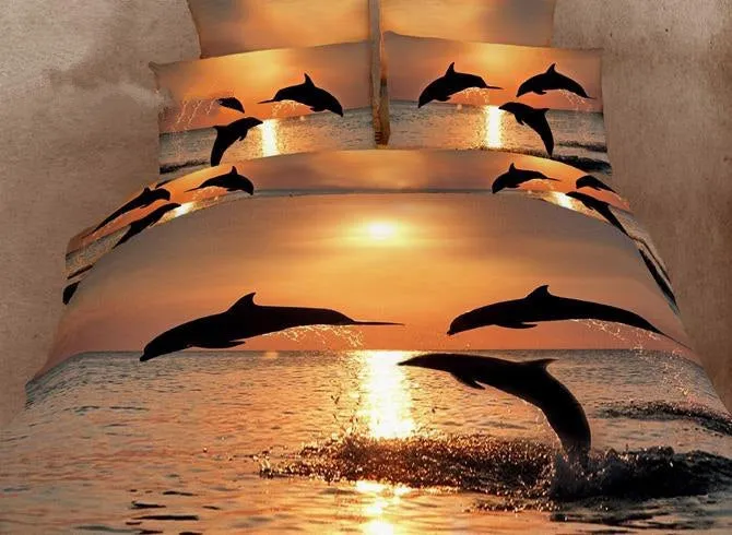 3D Dolphin in the Setting Sun Printed Cotton Luxury 4-Piece Bedding Sets/Duvet Covers