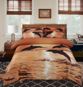 3D Dolphin in the Setting Sun Printed Cotton Luxury 4-Piece Bedding Sets/Duvet Covers