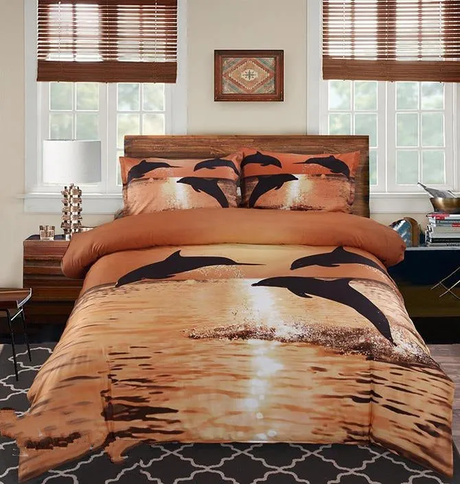 3D Dolphin in the Setting Sun Printed Cotton Luxury 4-Piece Bedding Sets/Duvet Covers