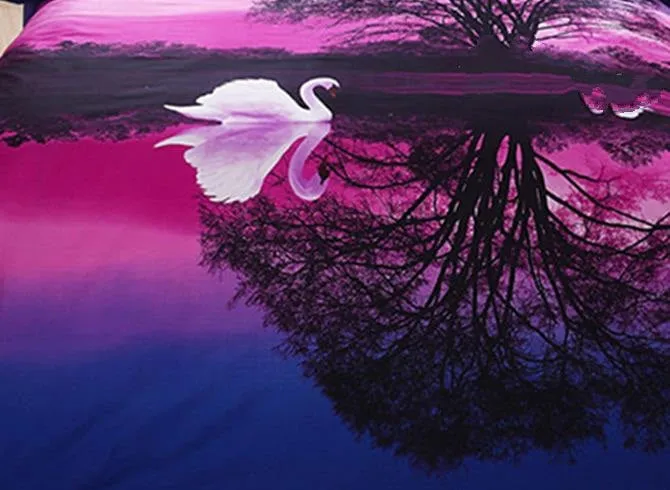 3D White Swans in Water Printed Polyester Luxury 4-Piece Purple Bedding Sets/Duvet Covers