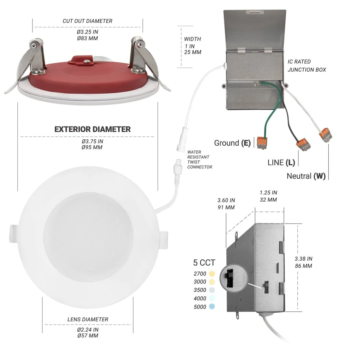 3" Inch 2 Hour Fire Rated Recessed Light Slim Canless LED Wafer Lights - Wet Rated - 5CCT 2700K-5000K - 550LM