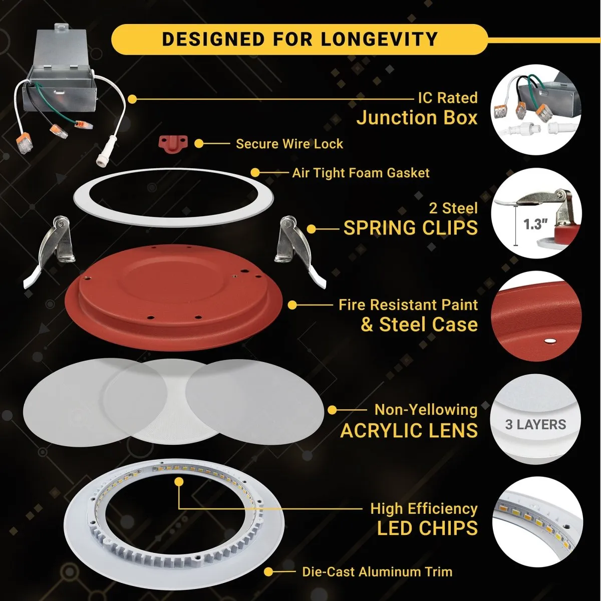 3" Inch 2 Hour Fire Rated Recessed Light Slim Canless LED Wafer Lights - Wet Rated - 5CCT 2700K-5000K - 550LM