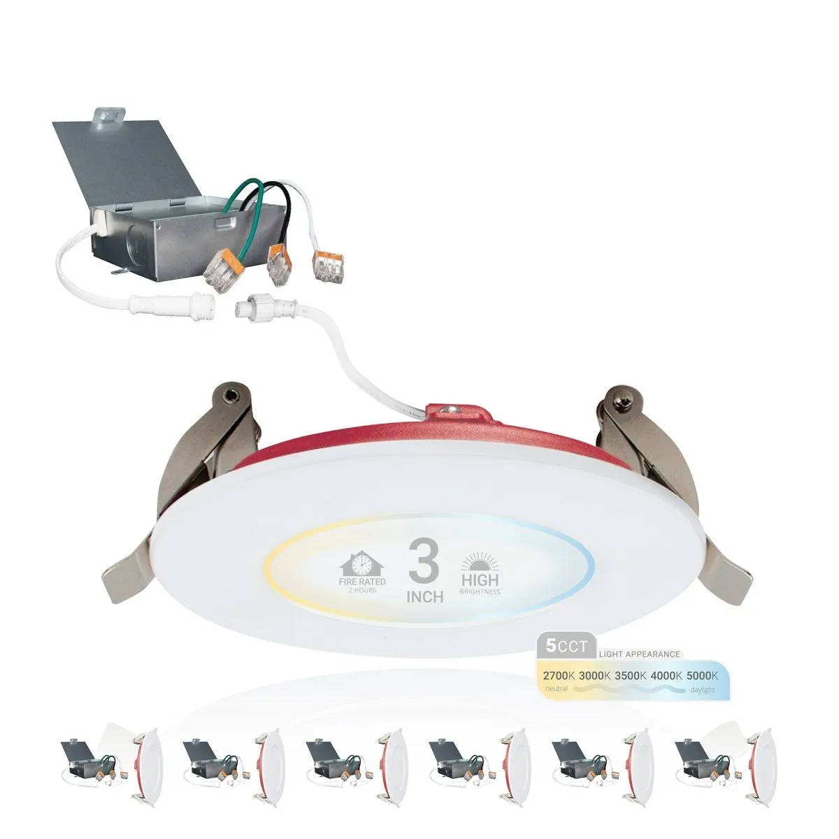 3" Inch 2 Hour Fire Rated Recessed Light Slim Canless LED Wafer Lights - Wet Rated - 5CCT 2700K-5000K - 550LM