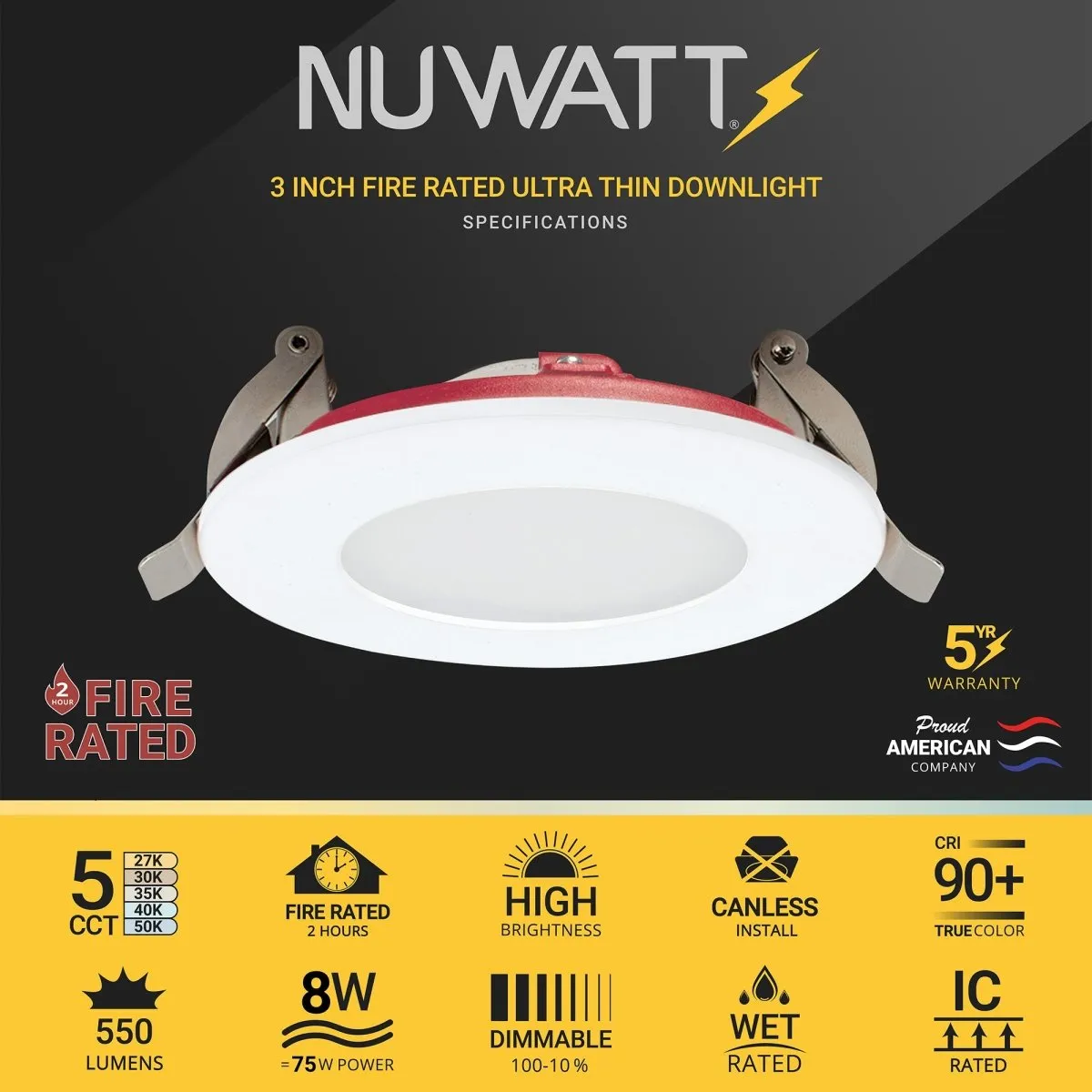 3" Inch 2 Hour Fire Rated Recessed Light Slim Canless LED Wafer Lights - Wet Rated - 5CCT 2700K-5000K - 550LM