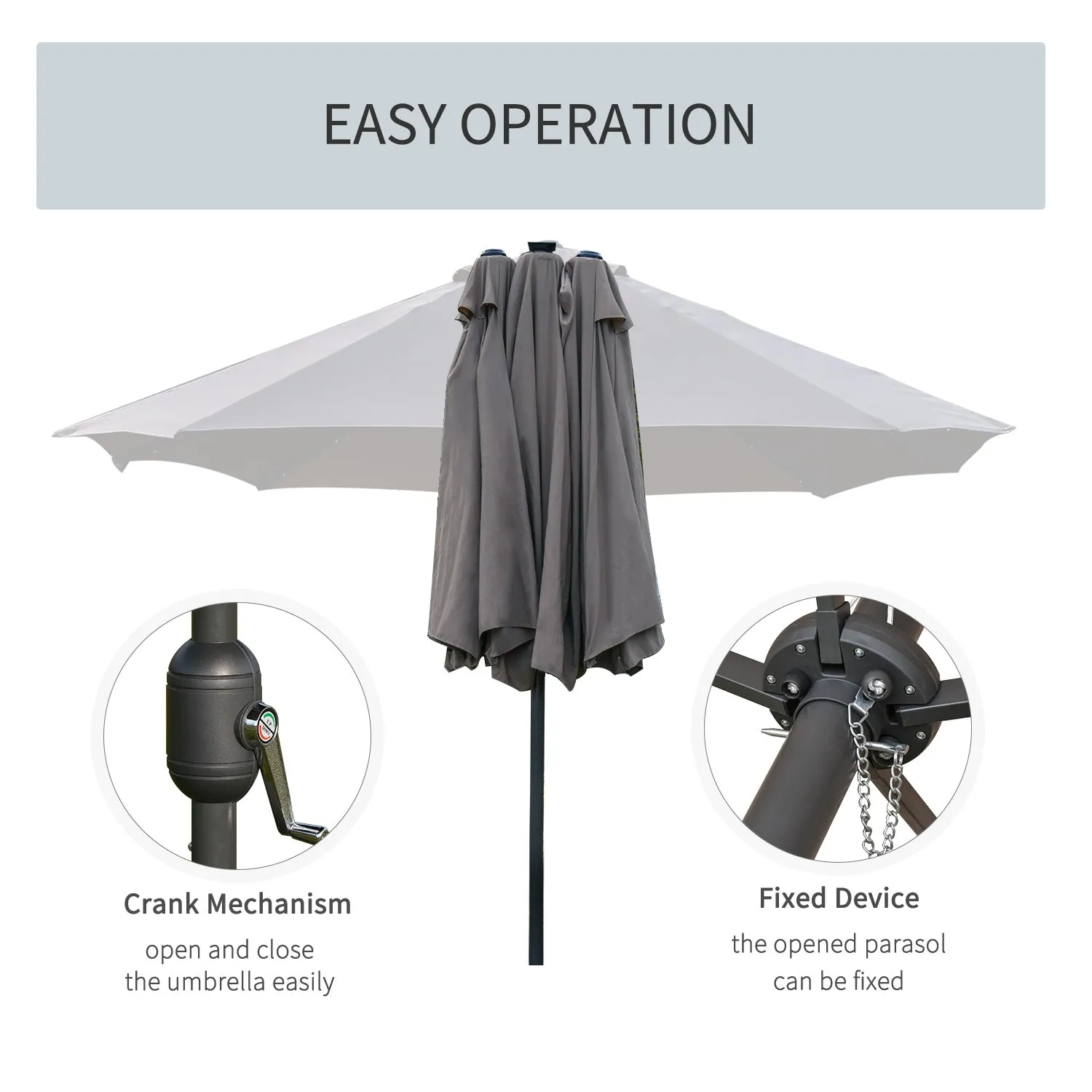 4.4m Double-Sided Sun Umbrella Garden Parasol Patio Sun Shade Outdoor with LED Solar Light , Dark Grey