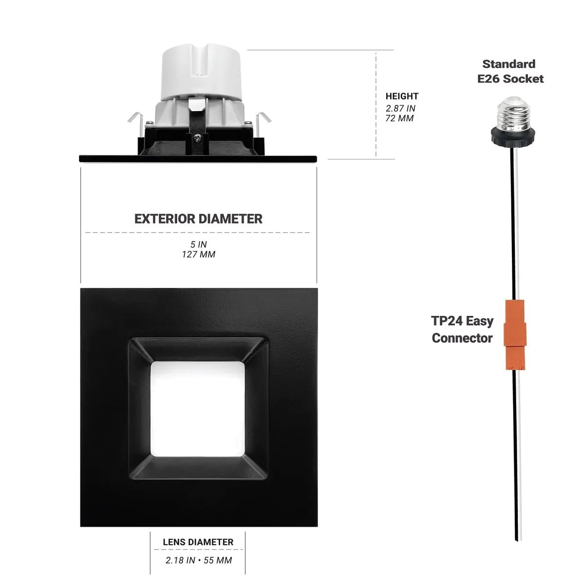 4" Inch Black Square Recessed Lighting Retrofit Can Lights - Wet Rated - 5CCT 2700K-5000K - 750LM