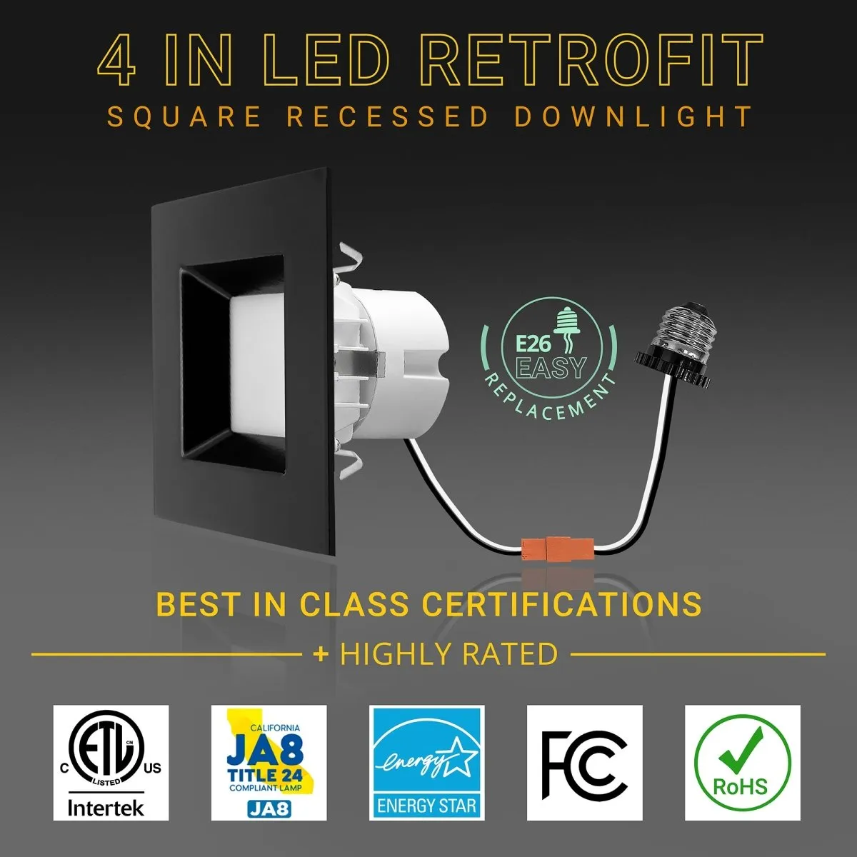 4" Inch Black Square Recessed Lighting Retrofit Can Lights - Wet Rated - 5CCT 2700K-5000K - 750LM