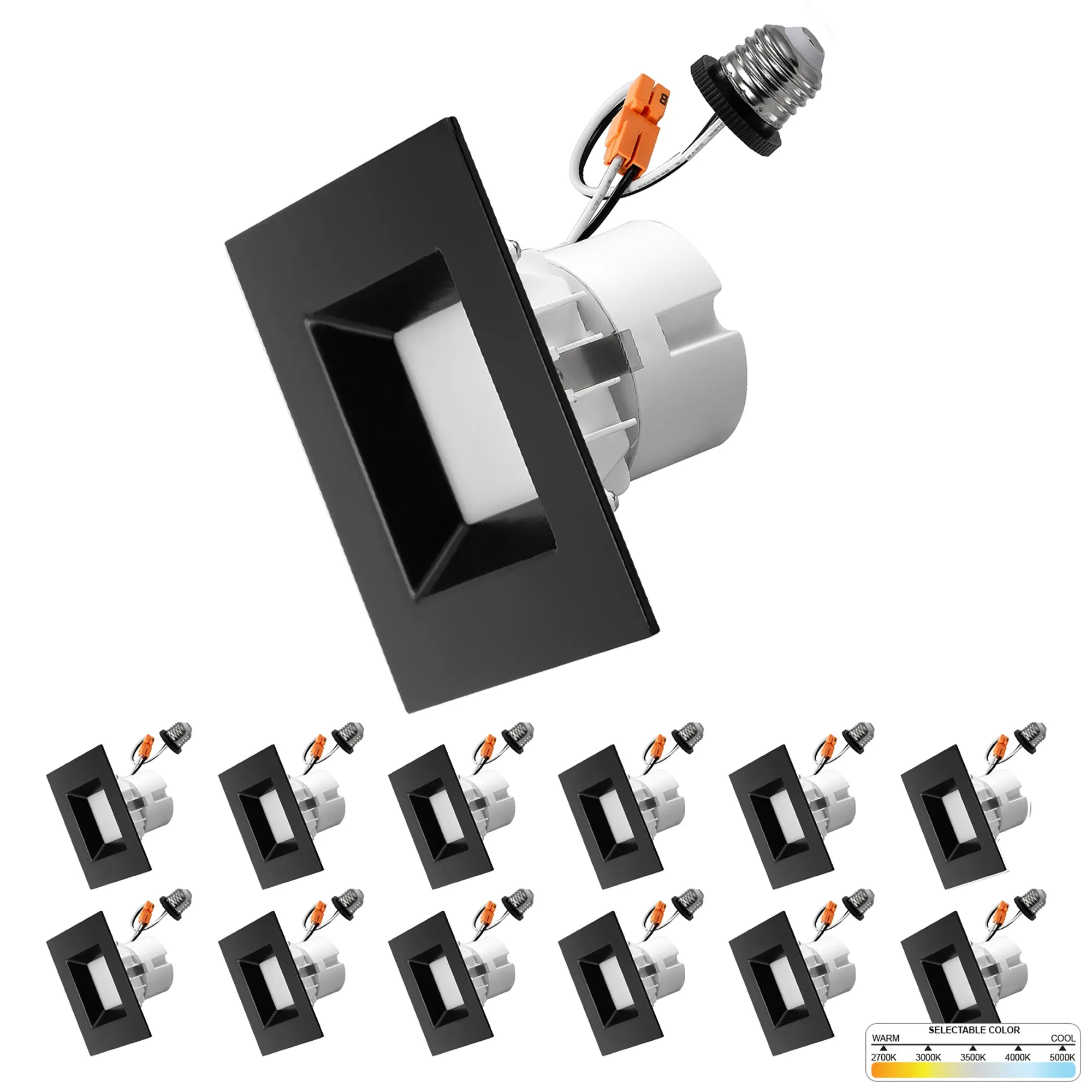 4" Inch Black Square Recessed Lighting Retrofit Can Lights - Wet Rated - 5CCT 2700K-5000K - 750LM