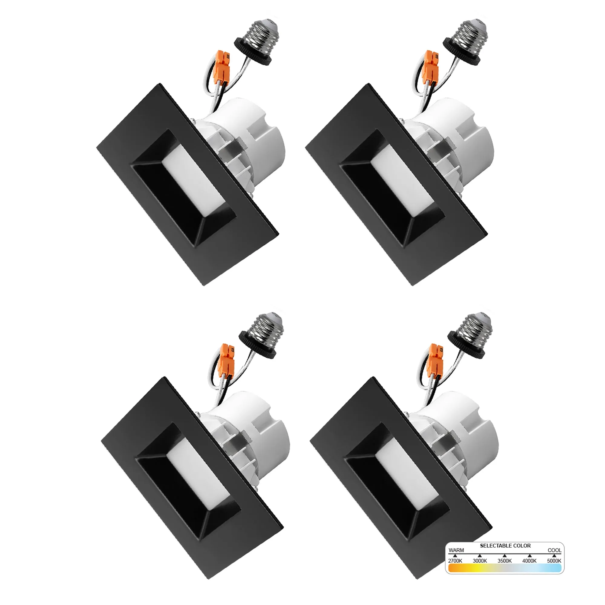 4" Inch Black Square Recessed Lighting Retrofit Can Lights - Wet Rated - 5CCT 2700K-5000K - 750LM