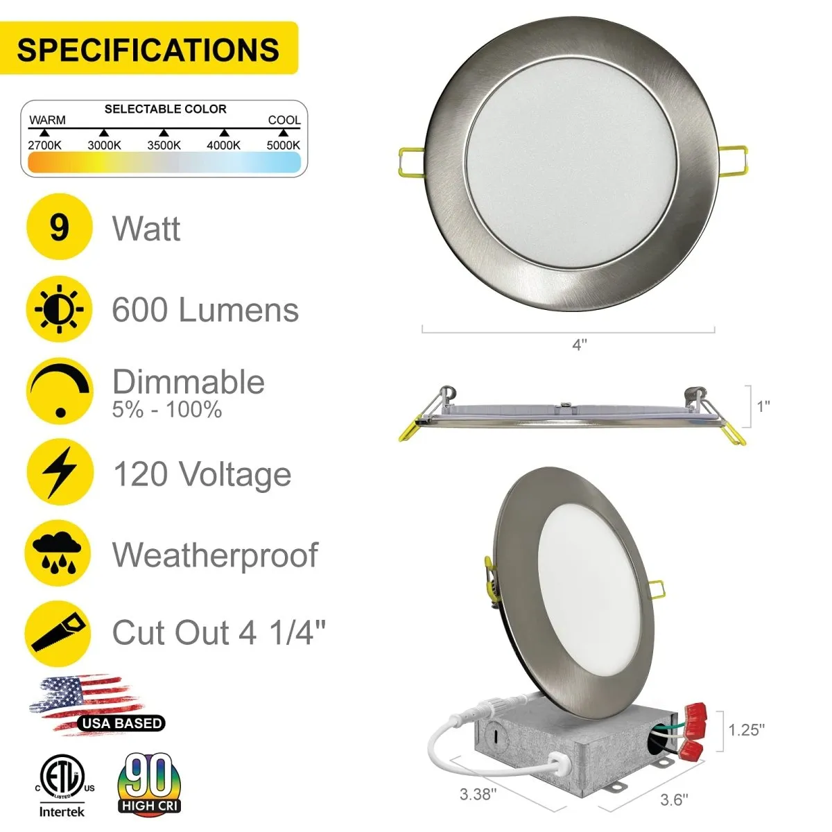 4" Inch Brushed Nickel Canless Recessed Lighting Slim LED Wafer Lights - Wet Rated - 5CCT 2700K-5000K - 630LM