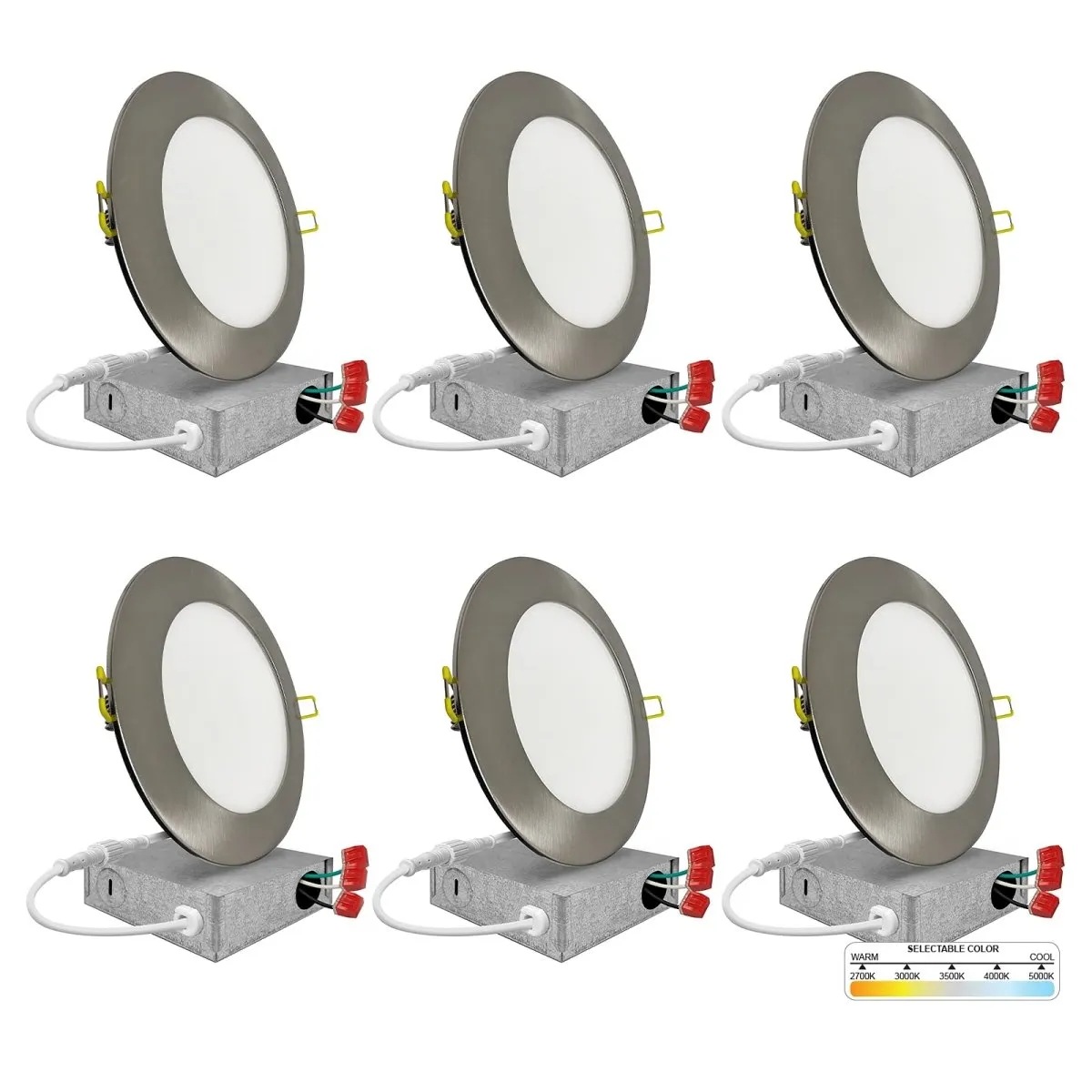 4" Inch Brushed Nickel Canless Recessed Lighting Slim LED Wafer Lights - Wet Rated - 5CCT 2700K-5000K - 630LM