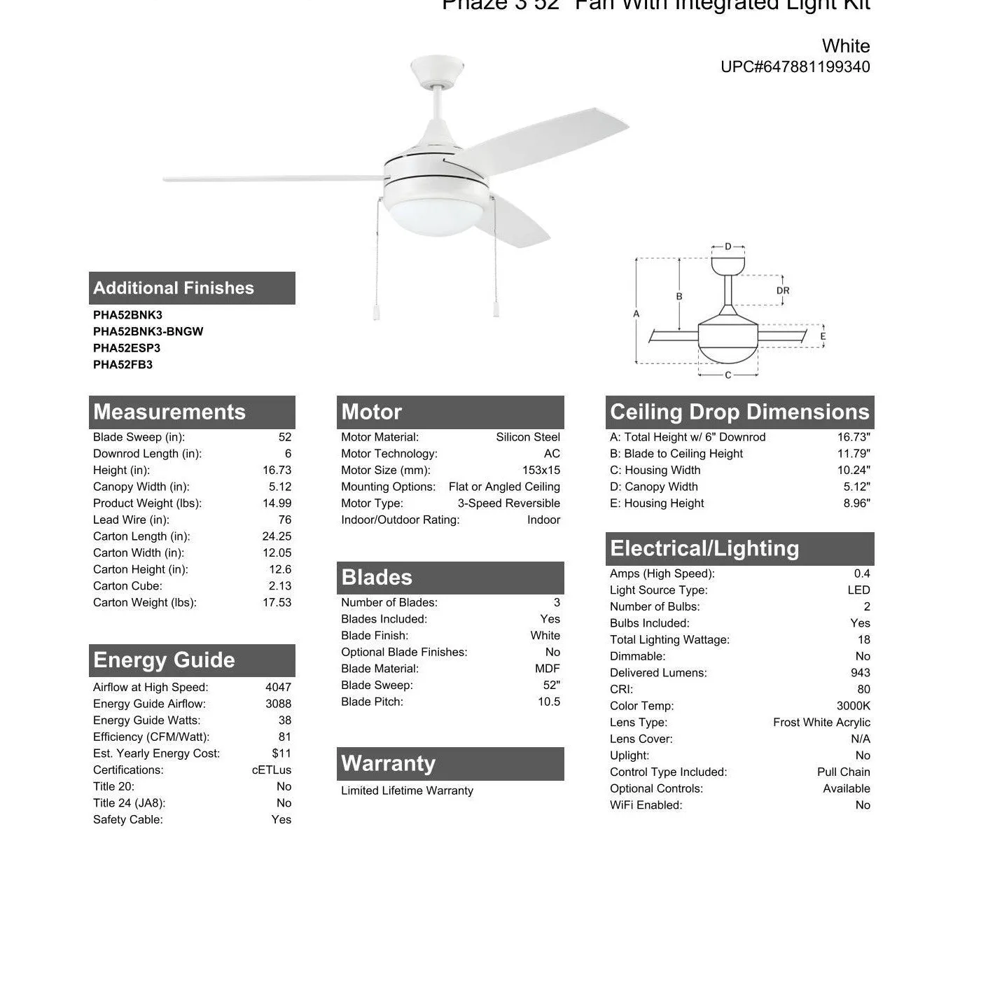 52" Phaze 3 in White w/ White Blades