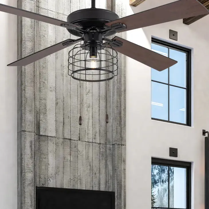 52"W Brianna Black Industrial Style Ceiling Fan with Light