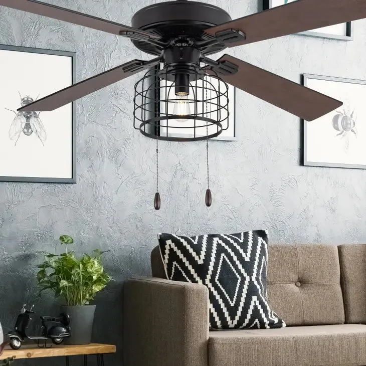 52"W Brianna Black Industrial Style Ceiling Fan with Light