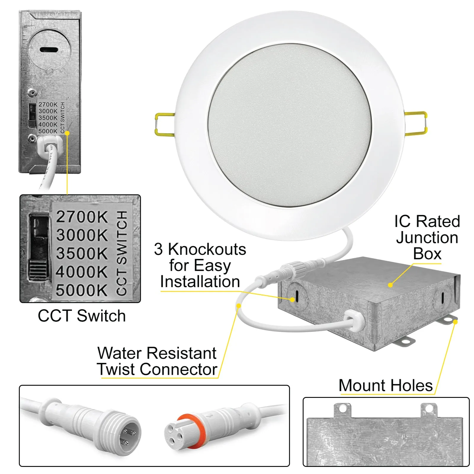 6" Inch Canless Recessed Lighting Slim LED Wafer Lights - Wet Rated - 5CCT 2700K-5000K - 1050LM