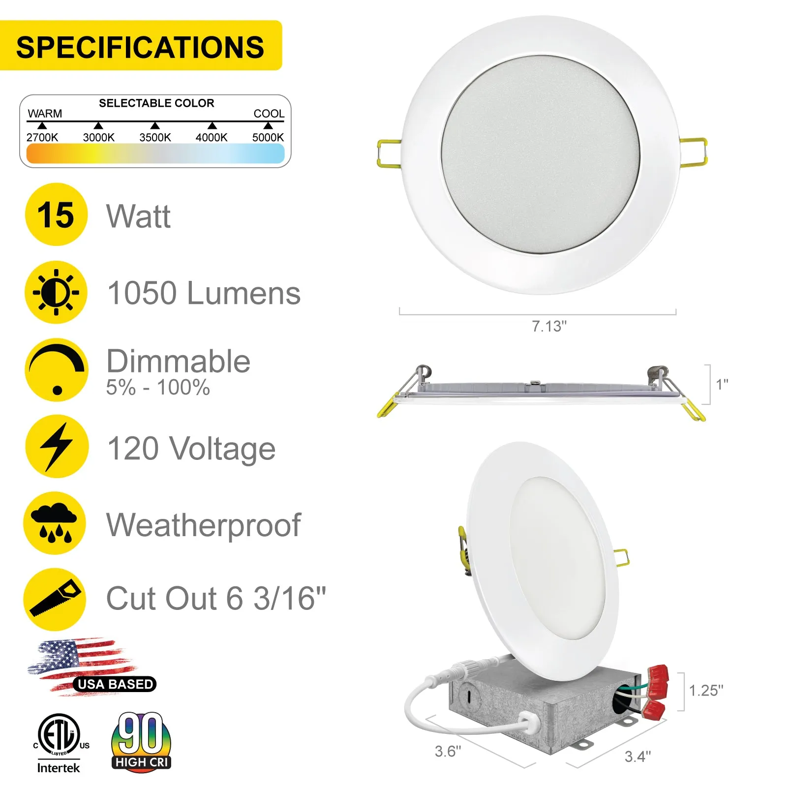 6" Inch Canless Recessed Lighting Slim LED Wafer Lights - Wet Rated - 5CCT 2700K-5000K - 1050LM