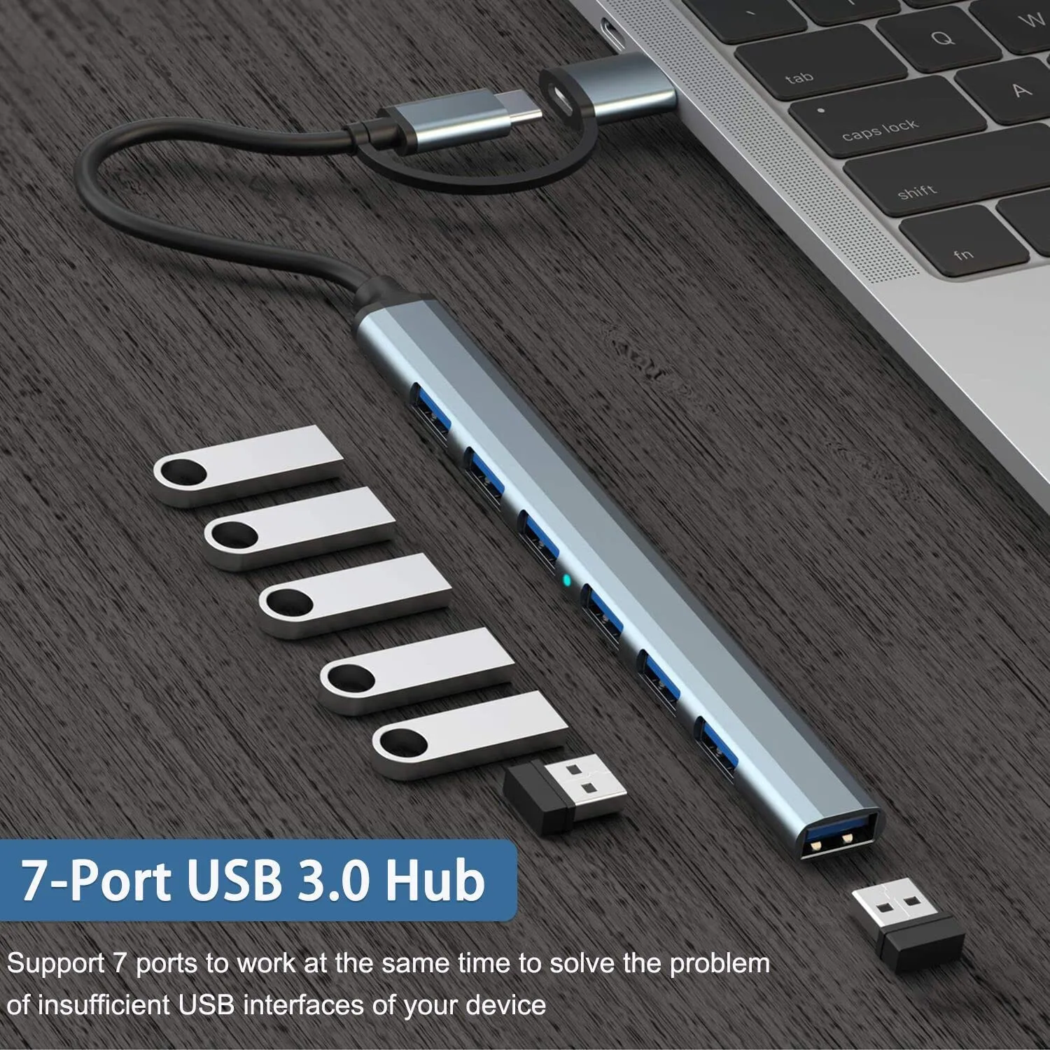 7-Port Aluminum USB 3.0 & C Hub for MacBook, Laptops