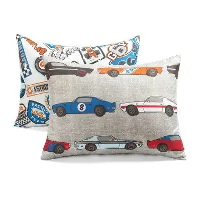 7pc Full Kids' Race Cars Reversible Oversized with Printed Sheet Set Comforter Blue/Orange - Lush Décor