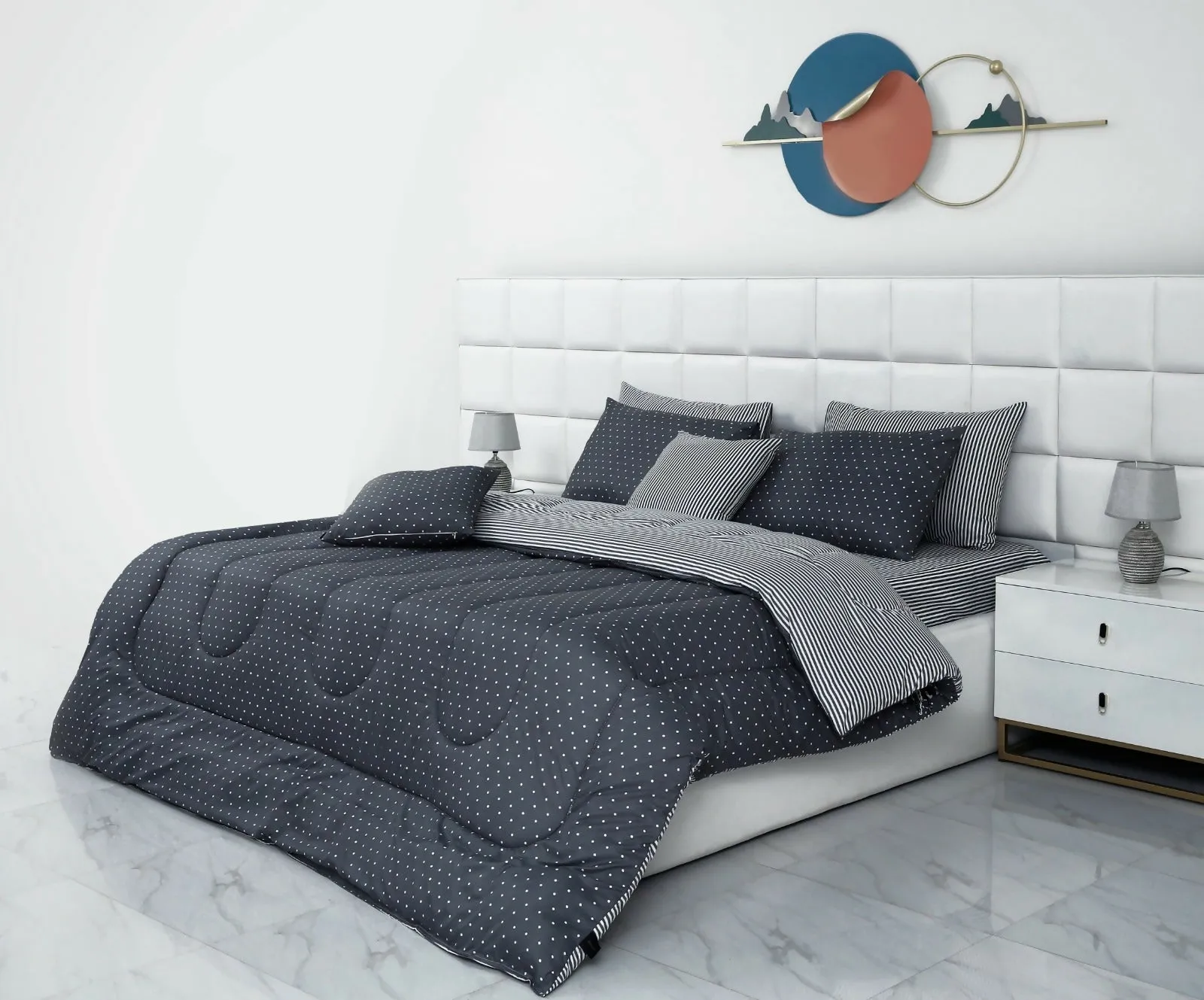 8 PCs Winter Comforter Set-Grey Polka