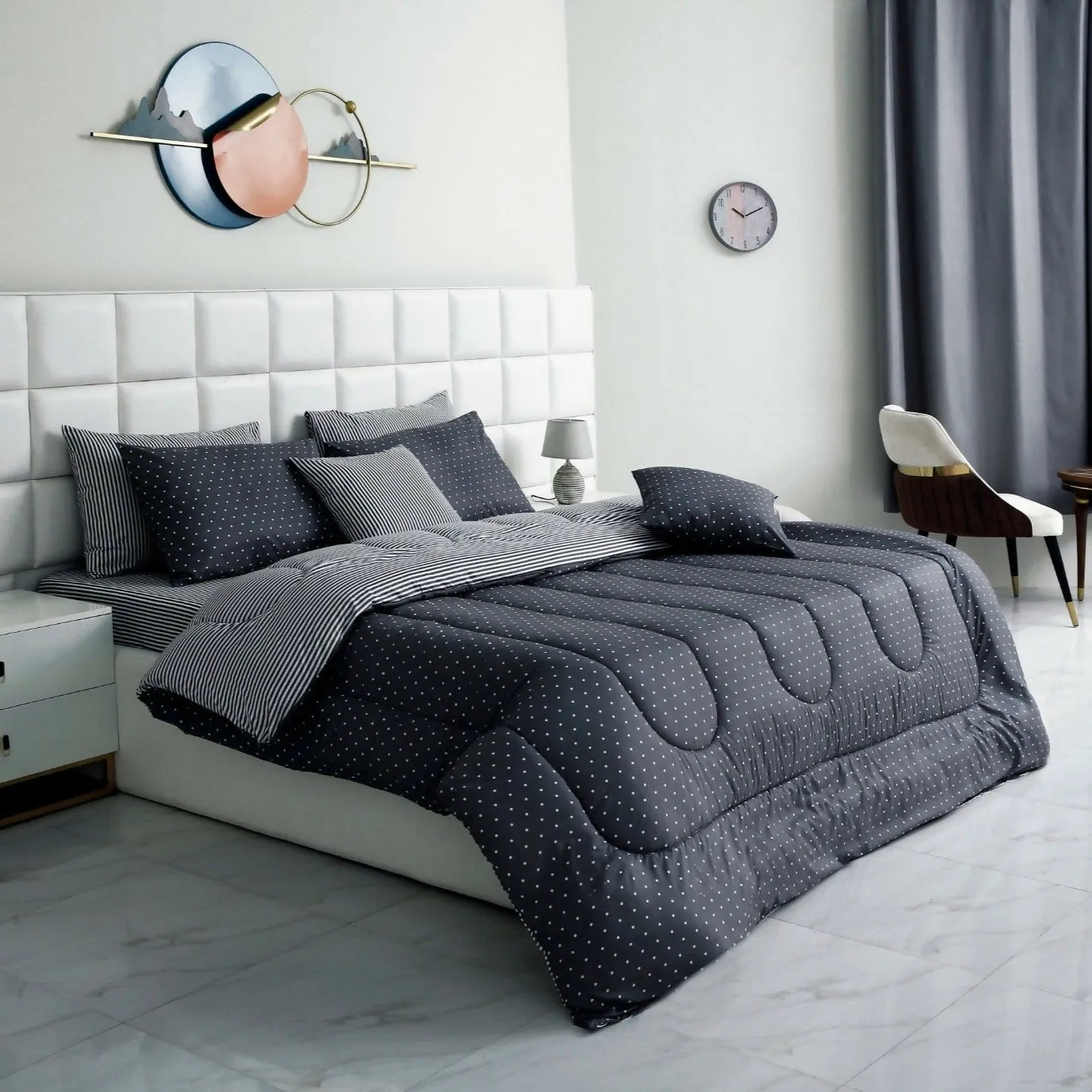 8 PCs Winter Comforter Set-Grey Polka