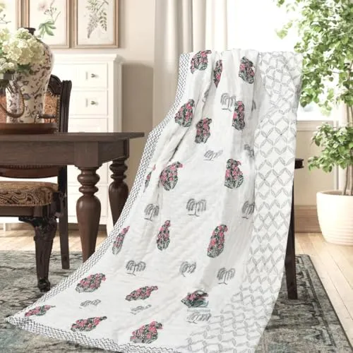 AARMOZY Pure Cotton Jaipuri Razai Single Bed Hand Block Floral Buta Bail Print Quilt Blanket - Multicolor (Single Bed C)