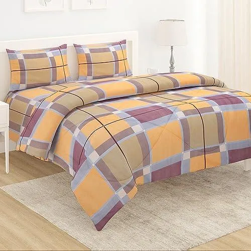 AC Comforter and Bedding Set for Double Bed, Apricot Orange Checks