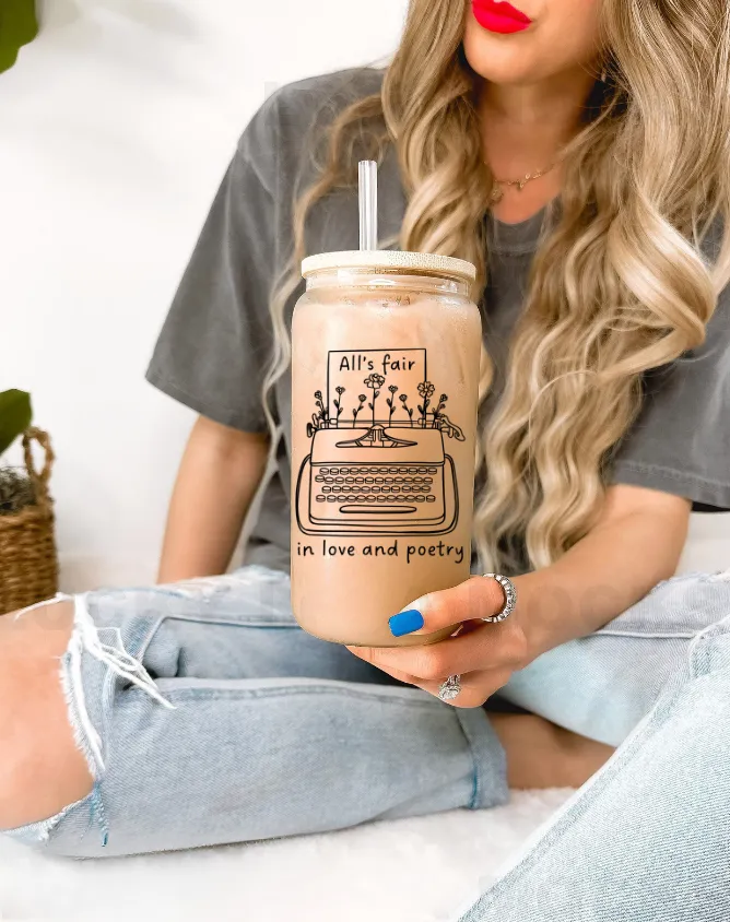 All's fair in love and poetry Sipper Glass, 16oz with bamboo lid and straw, love and poetry merch, glass cup poets merch,