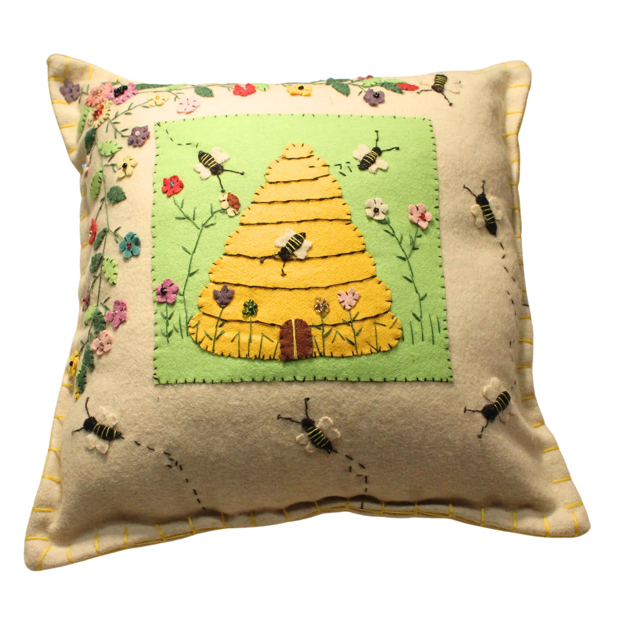 Applique Beige Bee/Bird Felt Pillow