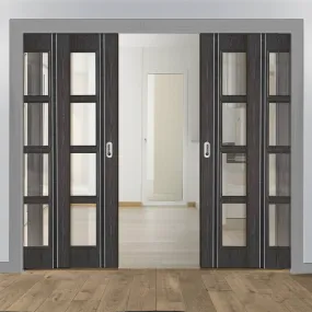 Ash Grey Zanzibar Staffetta Quad Telescopic Pocket Doors - Clear Glass - Prefinished