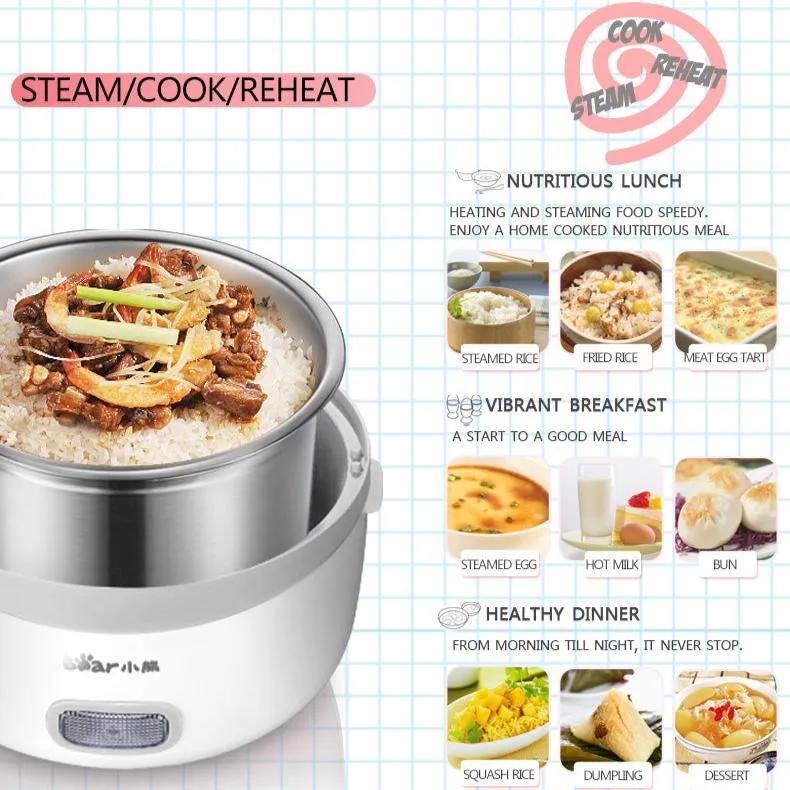 Bear Electric Lunch Box, Stainless Steel Rice Cooker, Mini Rice Cooker (DFH-B13E5)